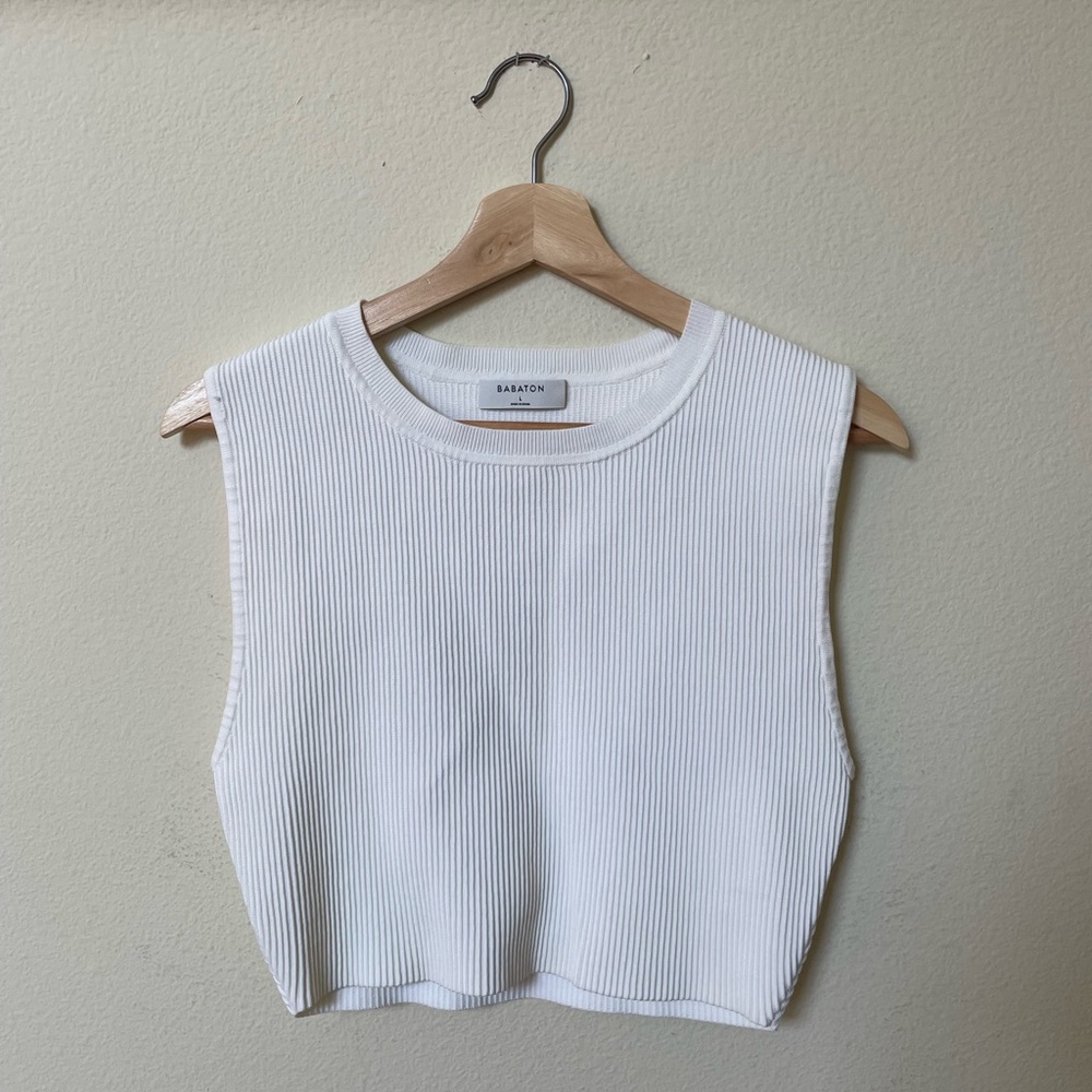 Aritzia Babaton White Ribbed Cropped Tank Top